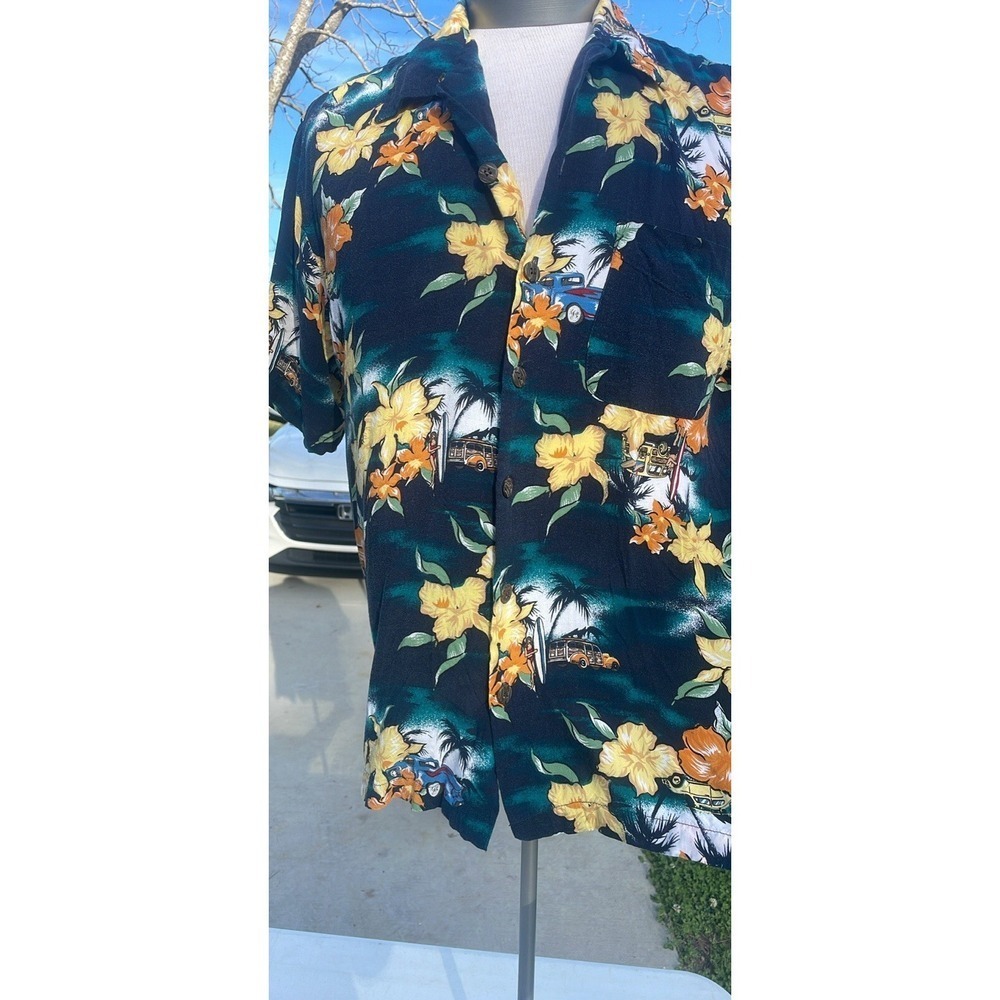 Utility Hawaiian Shirt Size Large Short‎ Sleeve Button Up Blue Yellow Flowers